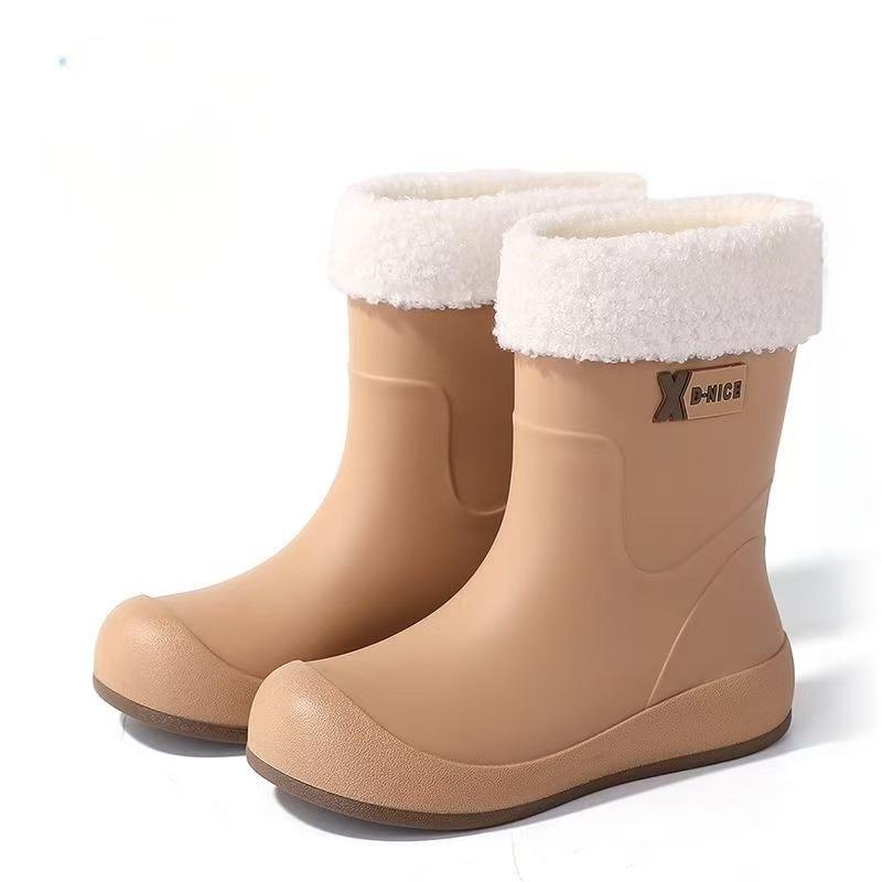 Woman Flat Sole High Top Rain Boots Thick Sole Non slip Round Toe Waterproof Detachable Cotton Cover Keep Warm Work Shoes