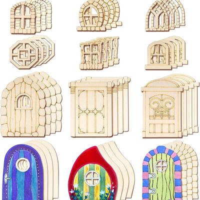48 Piezas Mini Puerta Sin Pintar Ventana de Hada Decoración de Fiesta Puertas de Cuento Decorar Casa Manualidades Inacabadas DIY Fichas de Madera en Blanco