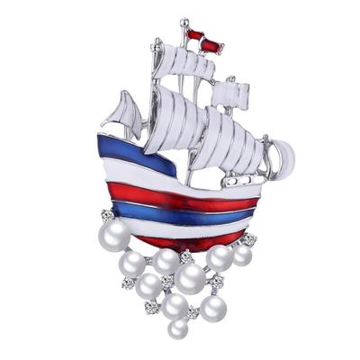 Segelboot-Brosche mit Kunstperle und Strass eingelegt, Damen-Kleid-Hemd-Abzeichen
