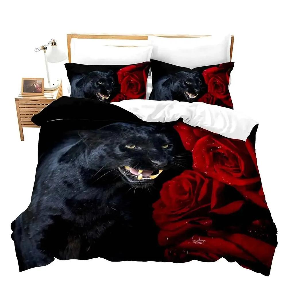 Leopard Duvet Cover Set Red Rose Bedding Sets Safari Animals Print Comforter Cover Rose Flowers Cheetah Quilt Cover King Size