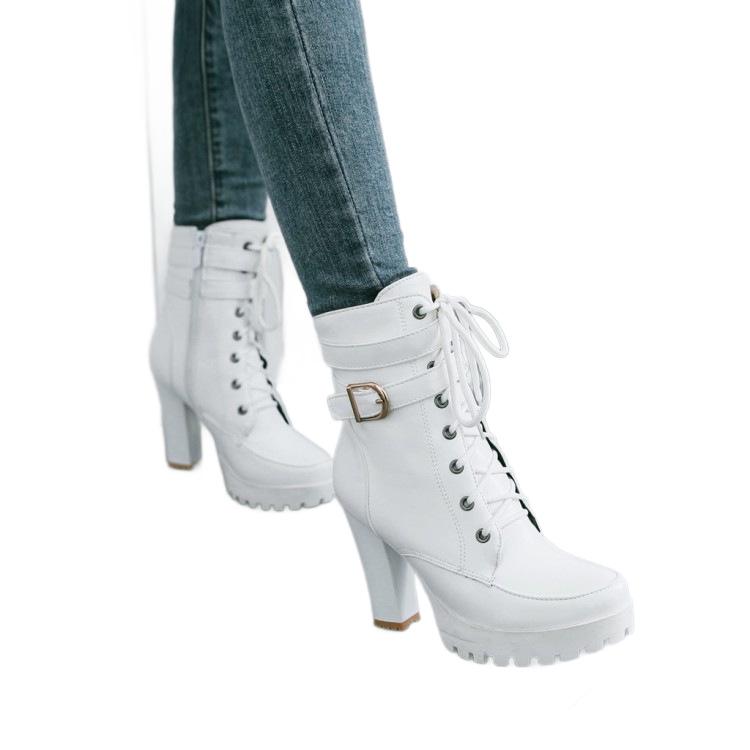 Women's Chunky Heel Waterproof Platform Martin Boots with Belt Buckle and Lace-up Design