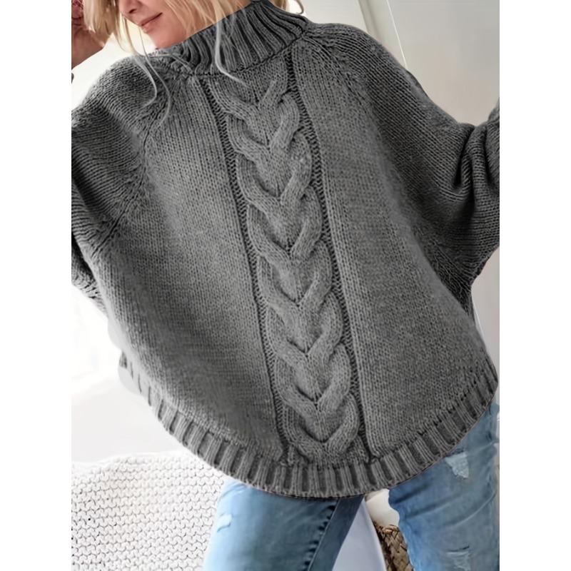 Women'S Vintage-Inspired Black Cable Sweater with High Neck, Loose Fit, Casual, Everyday Pullover, Vintage Sweater | Cable Pattern, Sweater Dress