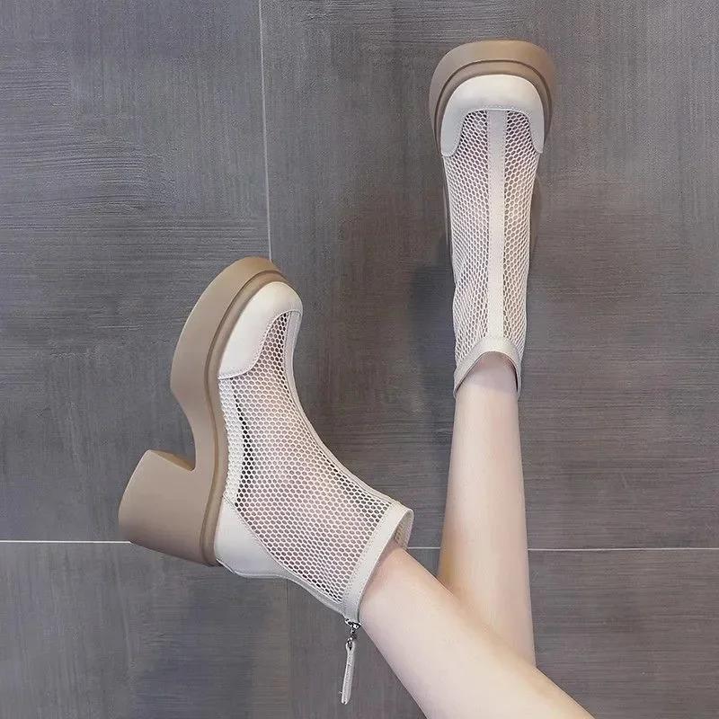 Women Fashion Boots 35-40 New Mesh Hollow Breathable Zipper High-heeled Short Boots Summer Thin Section Of The Short Cold Boots