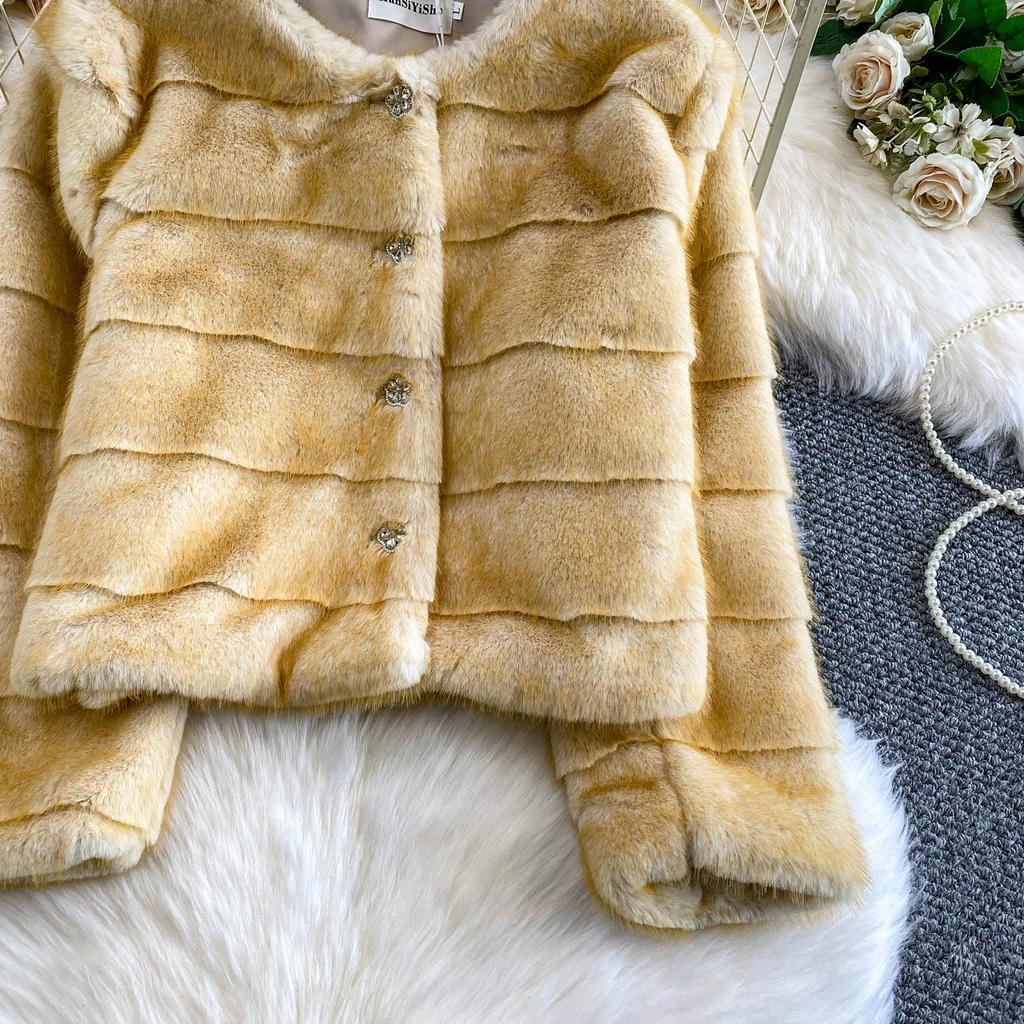 Autumn Winter Women Luxury Soft Mink Faux Fur Warm Short Jacket Diamond Button Single Breasted Christmas Outerwear Coat