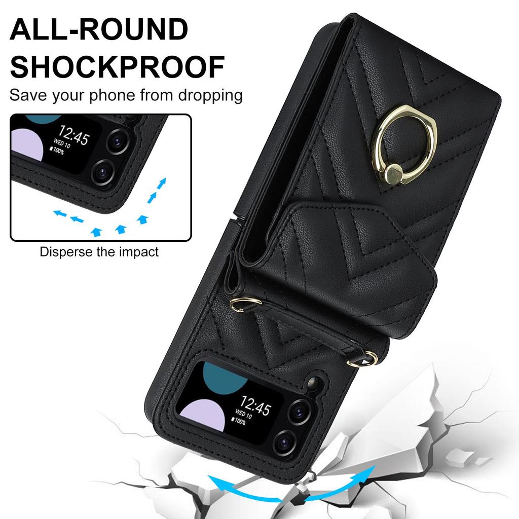 Fashion Leather Phone Case For Samsung Galaxy Z Flip 5 4 Z Flip 3 5G With Long Lanyard Crossbody Bag Wallet Holder Protect Cover