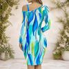 Women Plus Size Chain Strap Cold Shoulder Long Sleeve Printed Cross Hem Bodycon Dress