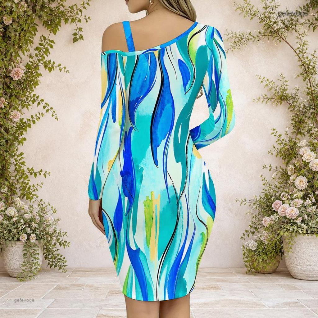 Women Plus Size Chain Strap Cold Shoulder Long Sleeve Printed Cross Hem Bodycon Dress