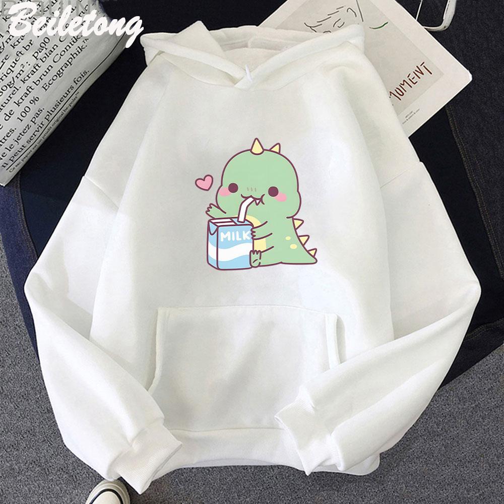 Dinosaur Oversized Tegneserie Dame Genser Hettegenser Søtt Trykk Kawaii Klær for Jente Pullover Casual Morsom Dame Harajuku Varm