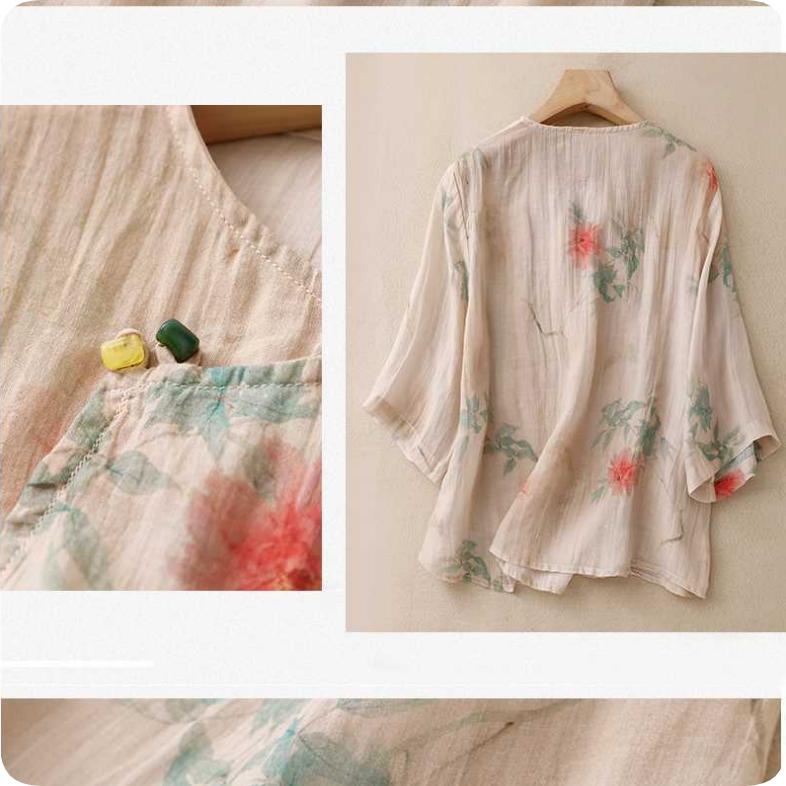 Retro National Style Oblique Placket Cotton and Linen Shirt Women's Literary Printing Thin Shirt Temperament Top