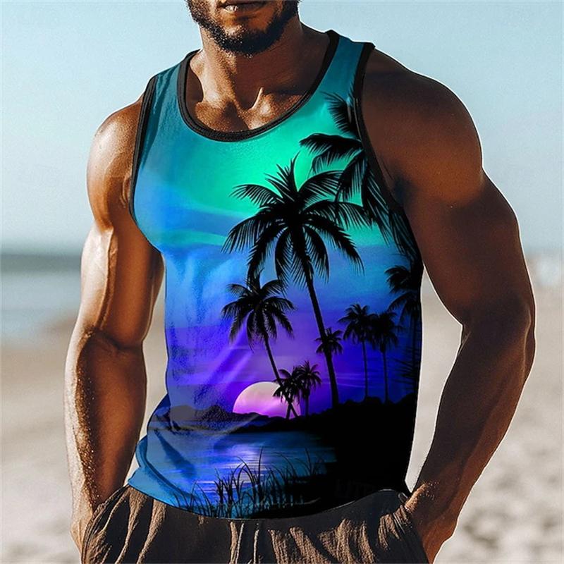 Top de vară pentru bărbați cu palmier și apus, cu imprimeu tropical, fără mâneci, pentru bărbați, vestă, ținute casual de vacanță