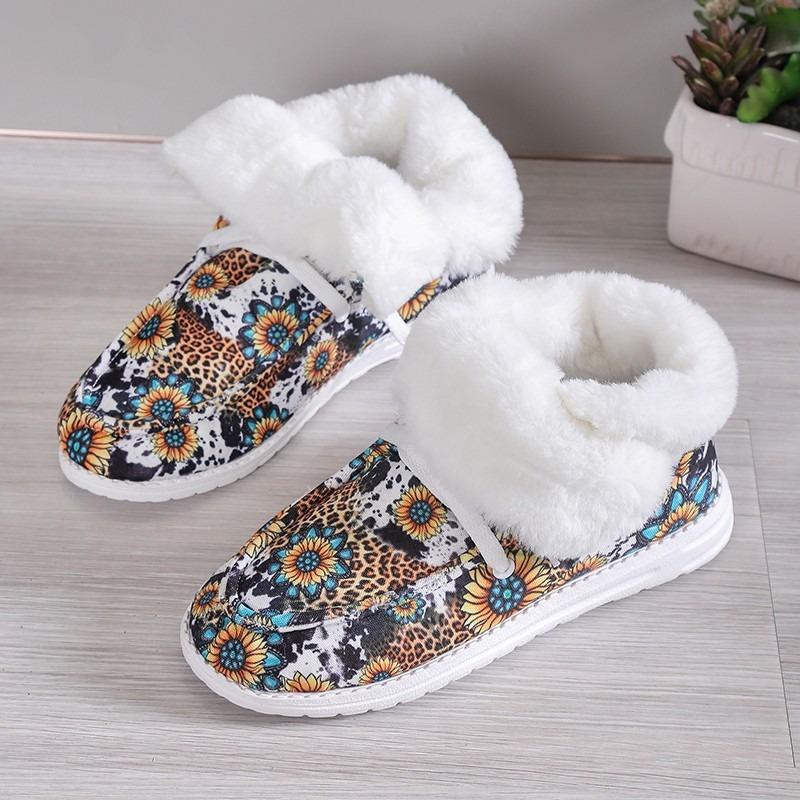 Plus Size Cotton Shoes Women's Winter 2025 New Casual Low-top Print Fleece Thickened Women's Snow Boots