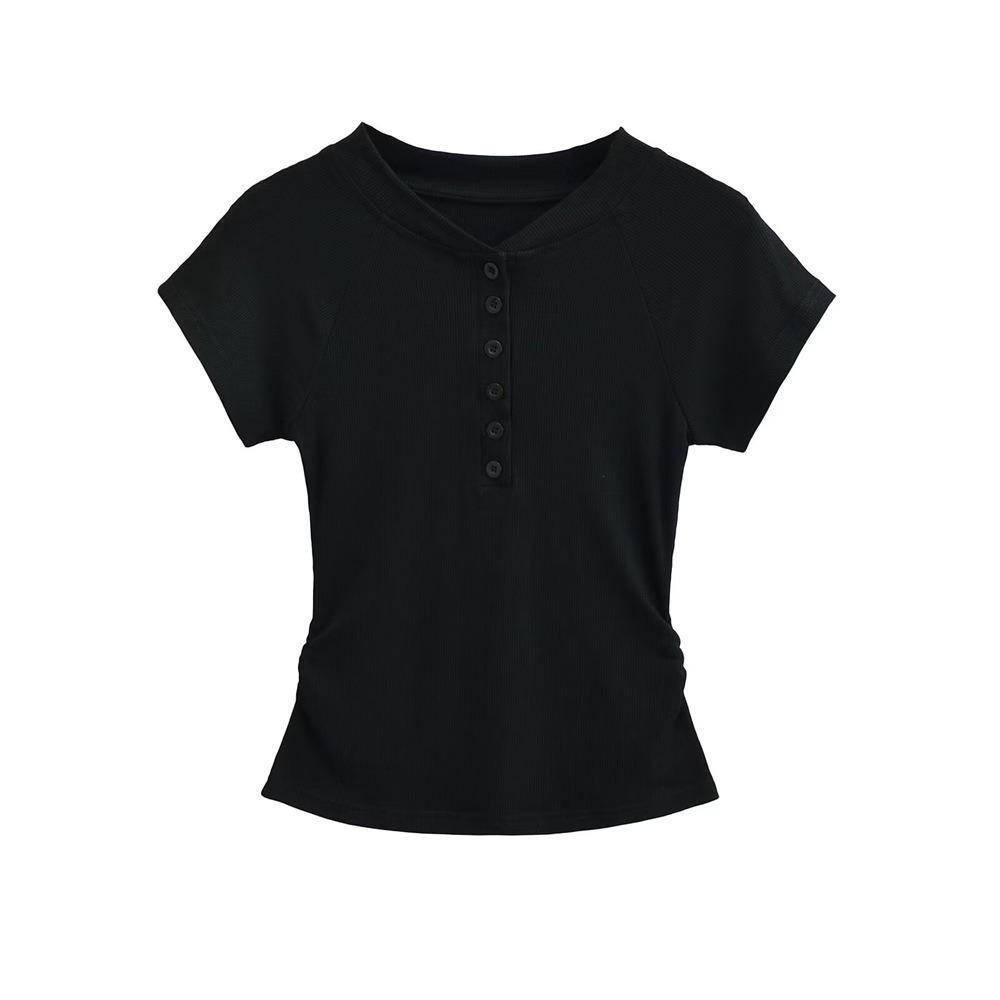 

Button Half Open Collar T Shirt Y2K Simple T-shirts Women Short Sleeve Crop Top Summer L чёрный