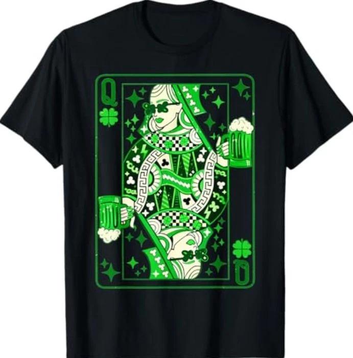 Shamrock Queen Playing Card Saint Patricks Day T-Shirt L
