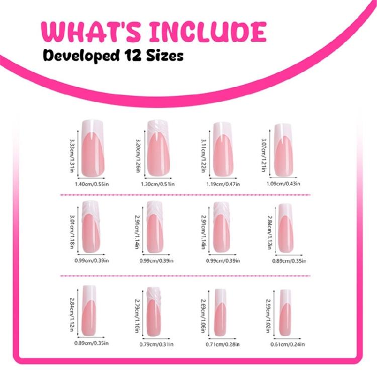 24 Pieces Square Shaped Nail Tips with French Tip 3D Stripes Designs Glossy Stick On Nail for Various Occasion