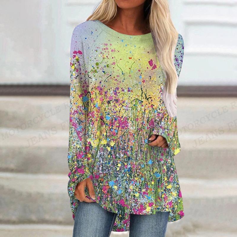 2023 Women's T-shirt Abstract Painting Print Tshirt Women Fashion T-shirt Plant Flowers T Shirt Long Sleeve Tops Tees Butterfly