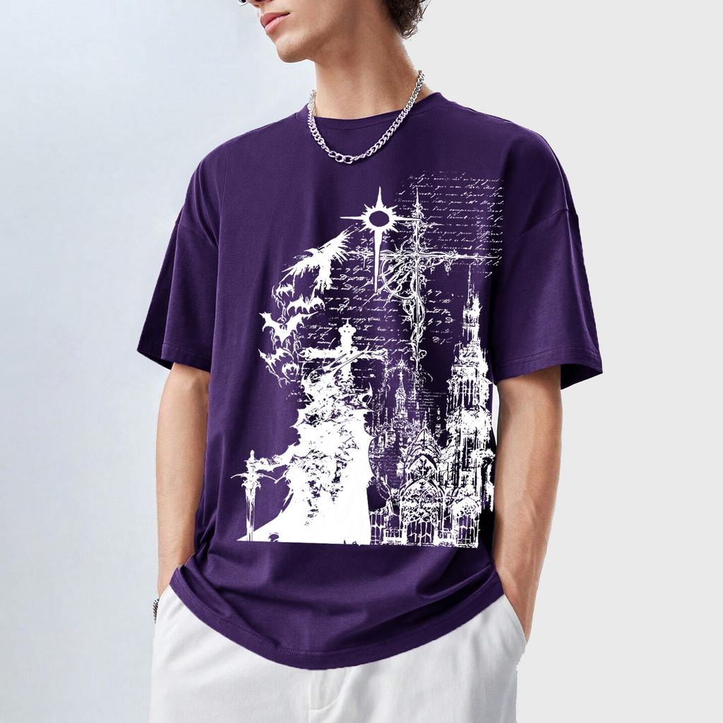 Gothic Dark Cross Graffiti Print Short-Sleeve T-Shirt High-street, loose-fitting, versatile, and perfect for everyday wear in a trendy casual style