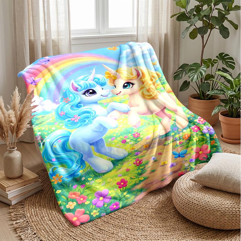 Unicorns In Rainbow Meadow Theme Blanket Lightweight Warm Flannel Blanket Decorative Throw Blanket for Home Decoration