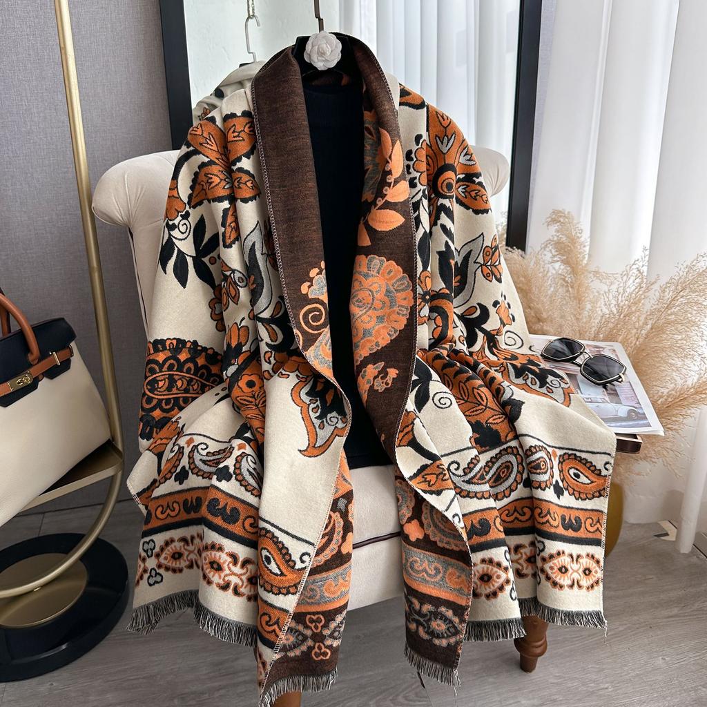 400G Thickened Version Of Retro Ethnic Style Cashew Flower Scarf Women'S Winter High-End Warm Scarf Imitation Cashmere Shawl