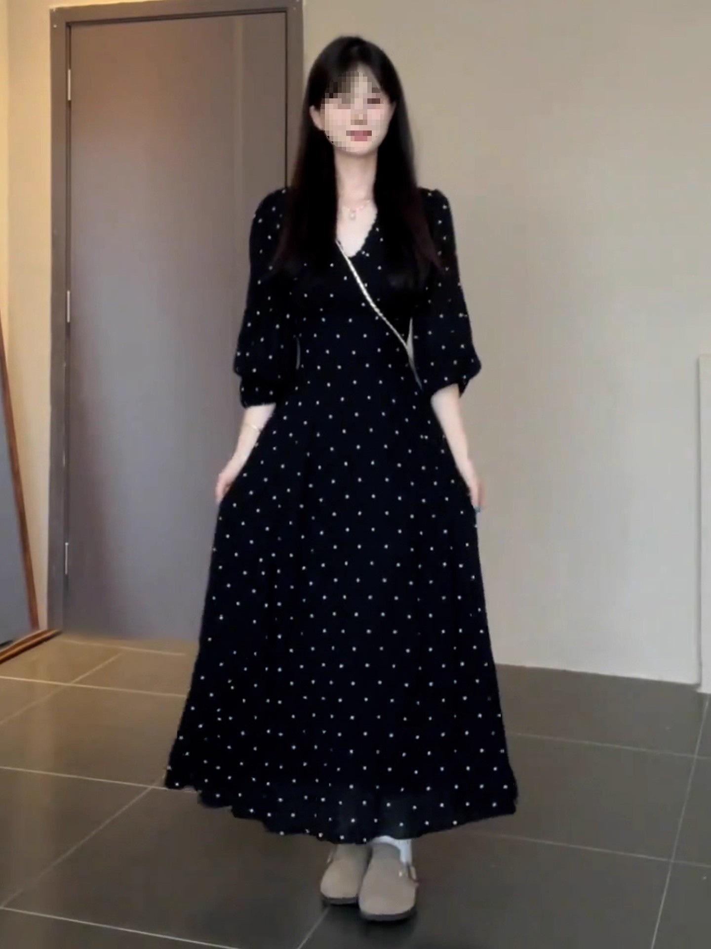 French Black V-Neck Polka Dot Long Sleeve Women s Dress, A-Line Slim Fit Cinched Waist, Spring/Autumn Style S