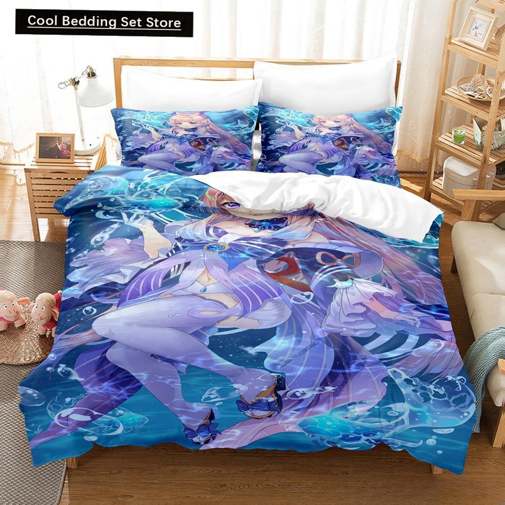 Genshin Impact Sangonomiya Kokomi Bedding Set Cartoon Anime Three-piece Set Adult Kid Bedroom Duvet Cover Sets 3D Kawaii Girls