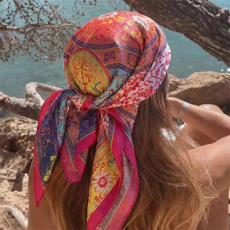 90cm Vierkante Zijden Sjaal Dames Luxe Satijn Print Hijab Sjaals Moslim Pareo Bandana Vrouwen Sjaal Wikkel Hoofdband Foulard 90x90cm brown