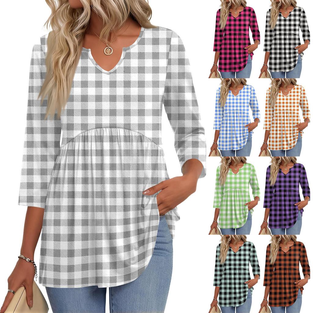Women's Casual Plaid Print V-Neck Blouse with Three-Quarter Sleeves for Everyday Outfits