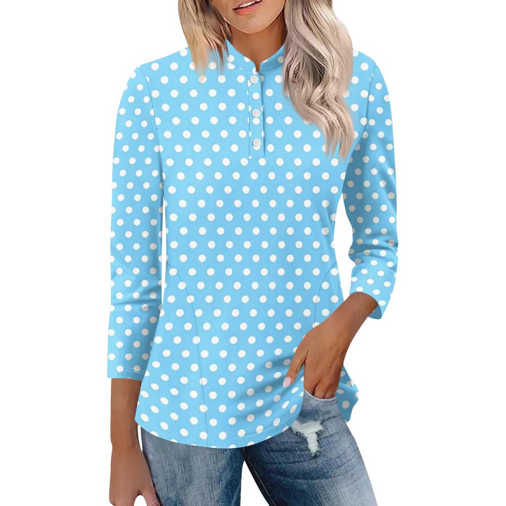 Damen Casual Poloshirt Lockerer Schnitt Dreiviertelarm Oberteil Knopfleiste Pünktchenmuster Leichter Bequemer Stoff