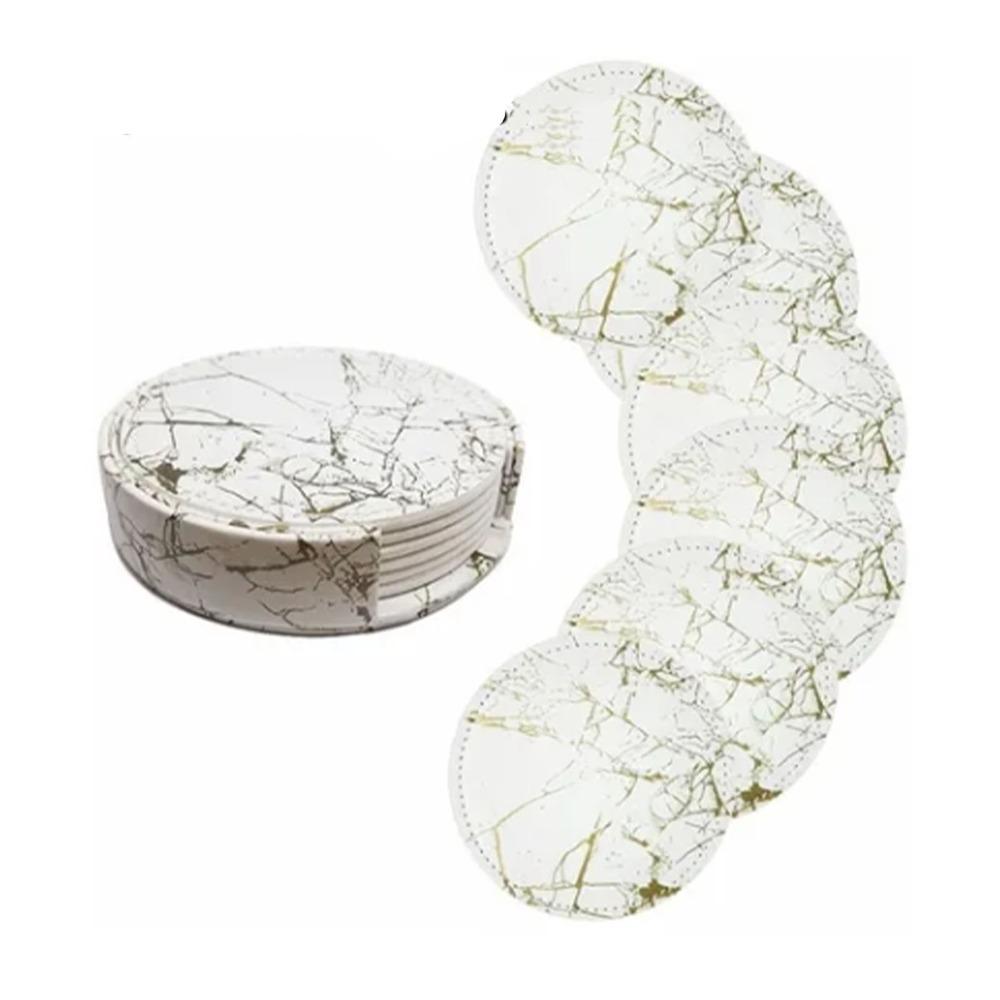 7Pcs Waterproof PU Leather Coaster Double-sided Marble Pattern Placemat 10cm Round Heat Insulation Pad Hotel