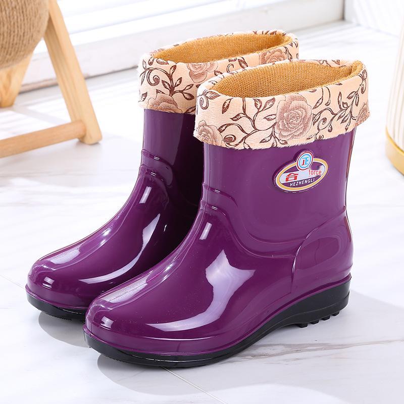 Women's Mid-Calf Fleece-Lined Non-Slip Rain Boots - Warm, Fashionable, Wear-Resistant Rubber Water Shoes