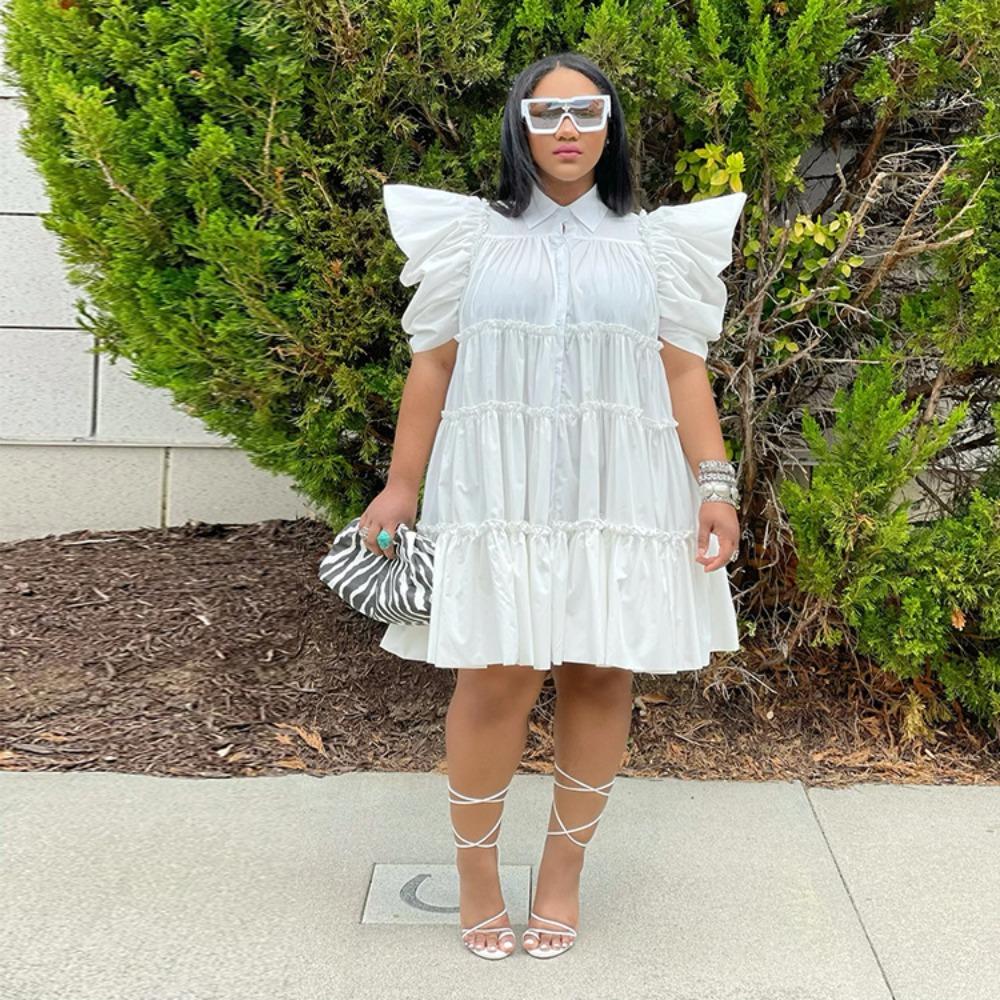 Women's Polo Collar Short Sleeve Loose Fit High Waist Sweet Mini Dress Shirt Dress Solid Cotton Ruffle Tiered Puff Sleeve Summer Casual Flared Dress
