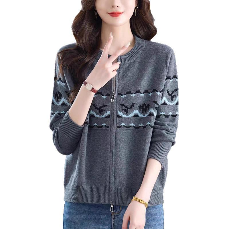 Women's Jacquard Color Block Zipper Cardigan - Soft Fluffy Knitwear, Casual Loose Fit, Round Neck Korean Style Sweater