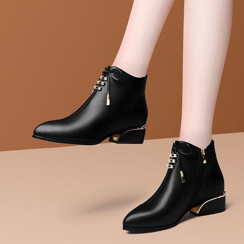 Small Leather Shoes New Single Shoe British Style Versatile Women's Pointed Thick Heel Plush Women's Shoes
