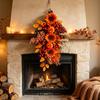 Reusable Autumn Harvest Ornament Fall Sunflower Swags Wreath, Maple Leaves And Berries Hanging Decor Artificial Wreath for Front Door Seasonal