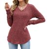 Solid Color V Neck Lace Patchwork Loose Long Sleeve Brushed T Shirt