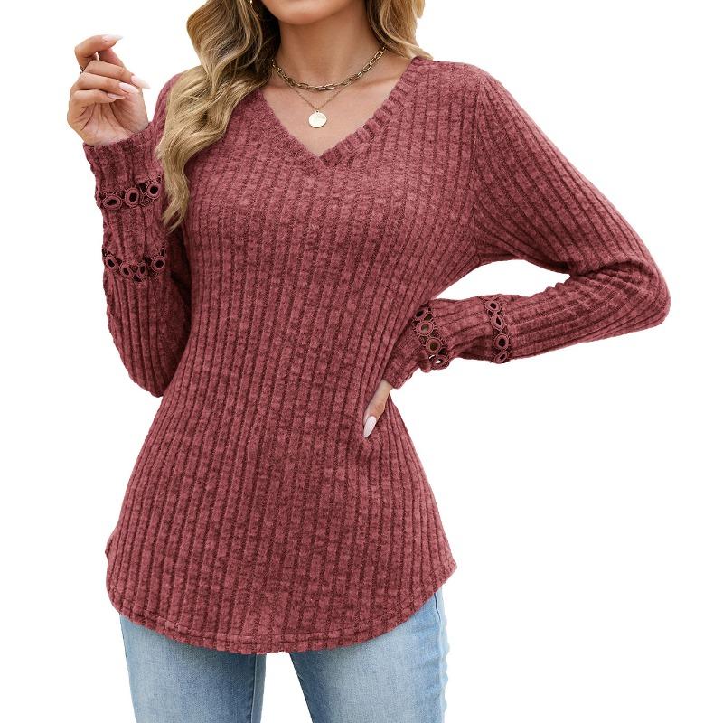 Solid Color V Neck Lace Patchwork Loose Long Sleeve Brushed T Shirt
