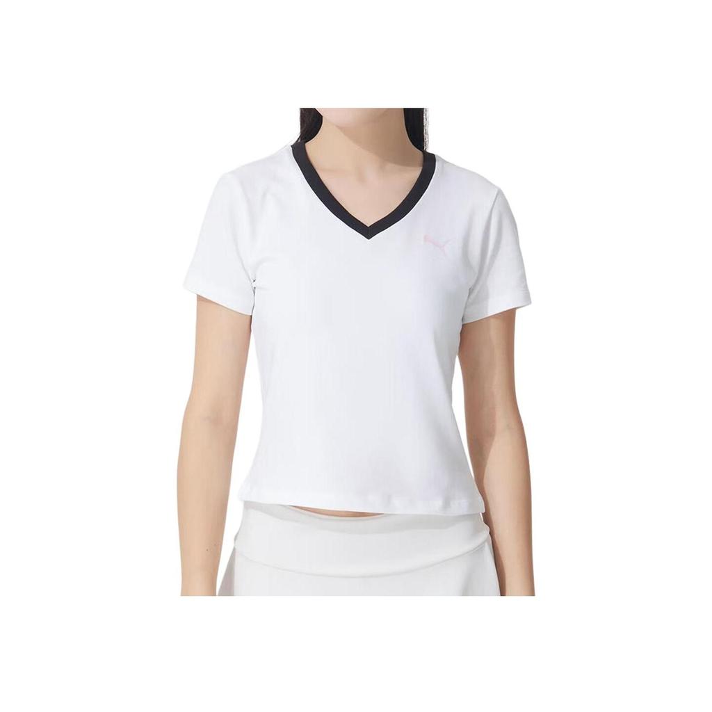 Puma Comfortable Slim Fit V-Neck Short Sleeve T-Shirt Women Tops White 633073-02