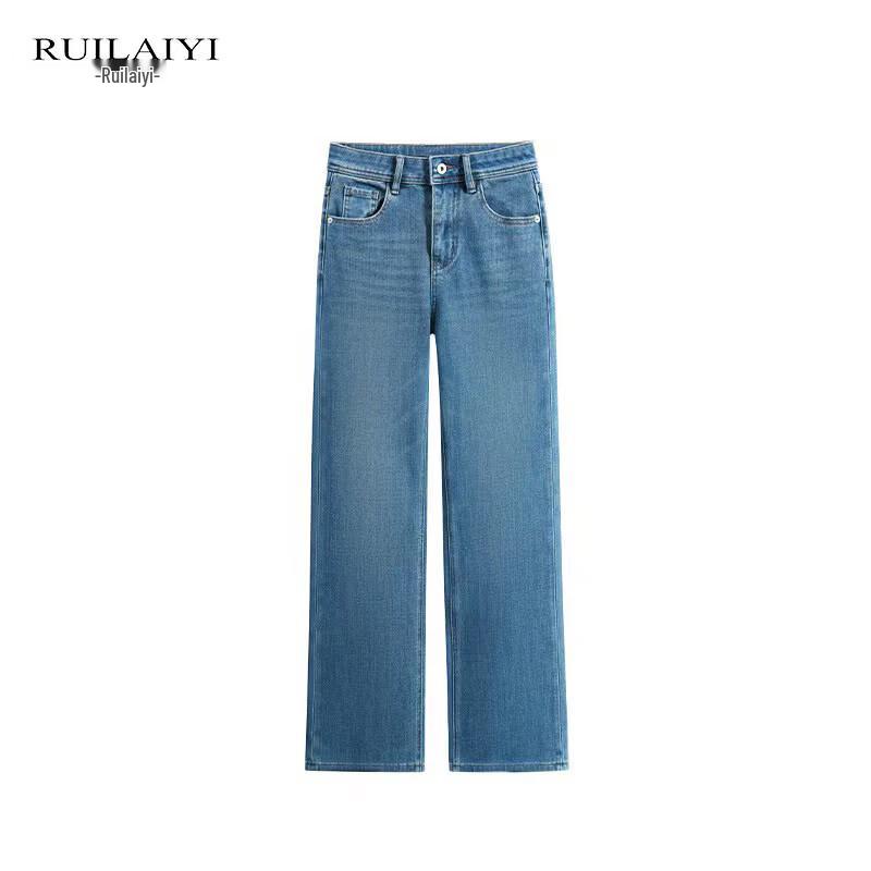 RUILAIYI Women's Four-Way Stretch High-Waist Straight-Leg Denim Jeans