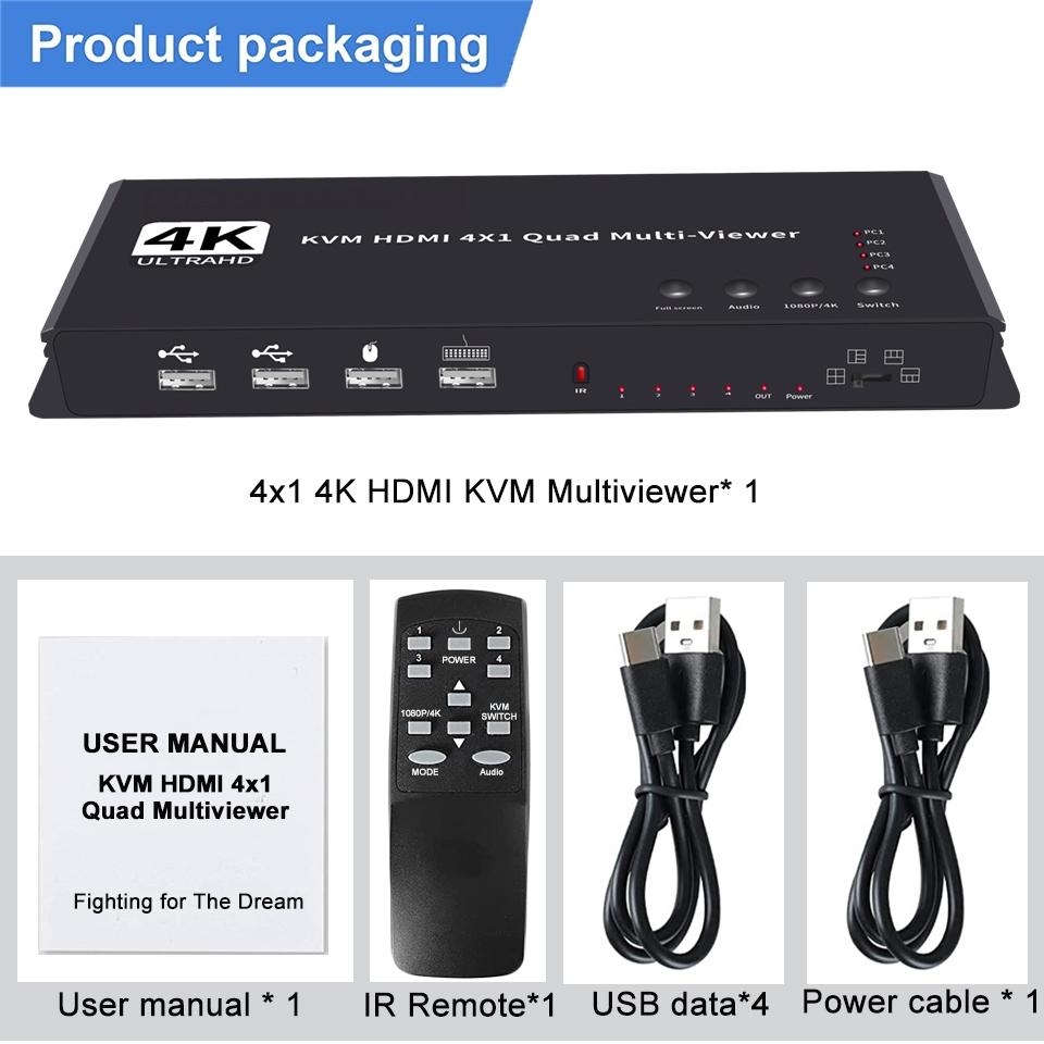KVM HDMI 4x1 Multiviewer Switch 4K HDMI KVM 4 in 1 Out Seamless Quad Multi-viewer Video Cutting Segmentati Switcher for 4 PC