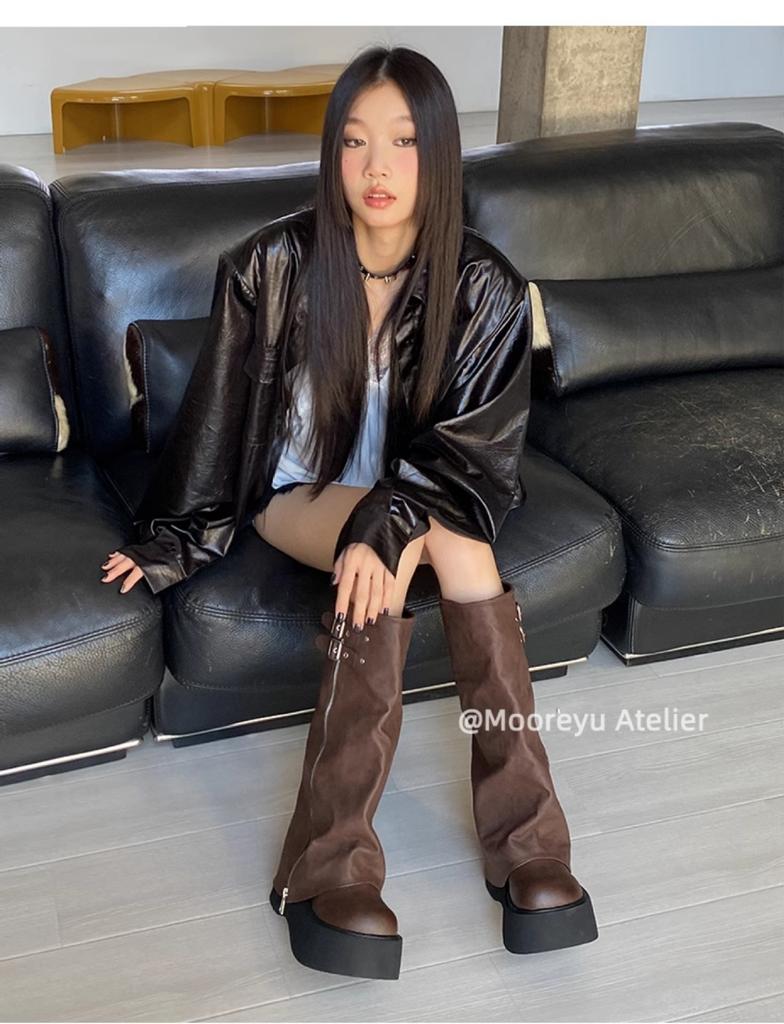 Zipper retro high boots fashion boots women's boots new long boots thick heel western boots heightening leather boots