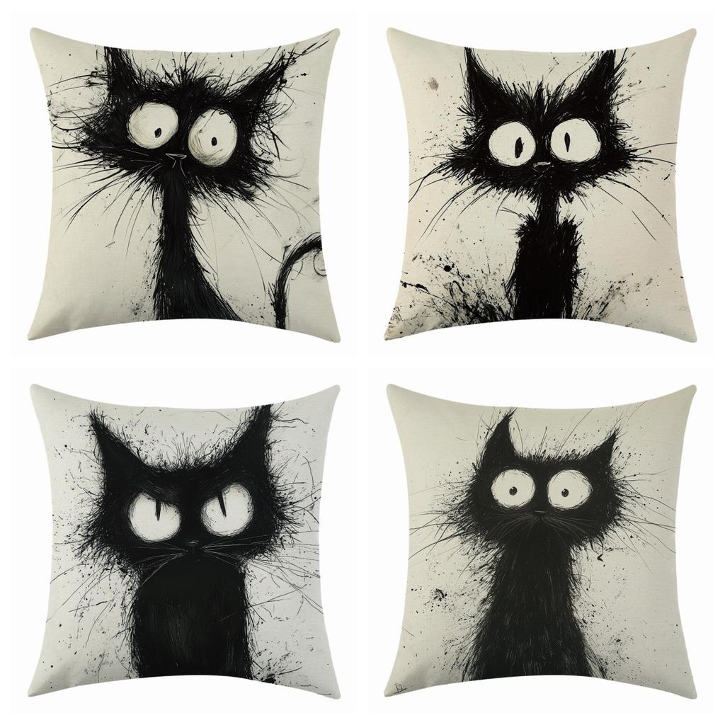New Quirky Cat Linen Pillowcase, Simple Four-piece Set with Labels