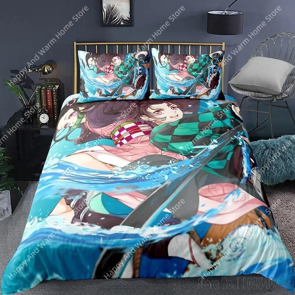 Anime Demon Slayer Tecknad Tryckt Påslakan Set HD Täcktäcke Överdrag för Pojkar Sängkläder Sängkläder Sovrumsinredning