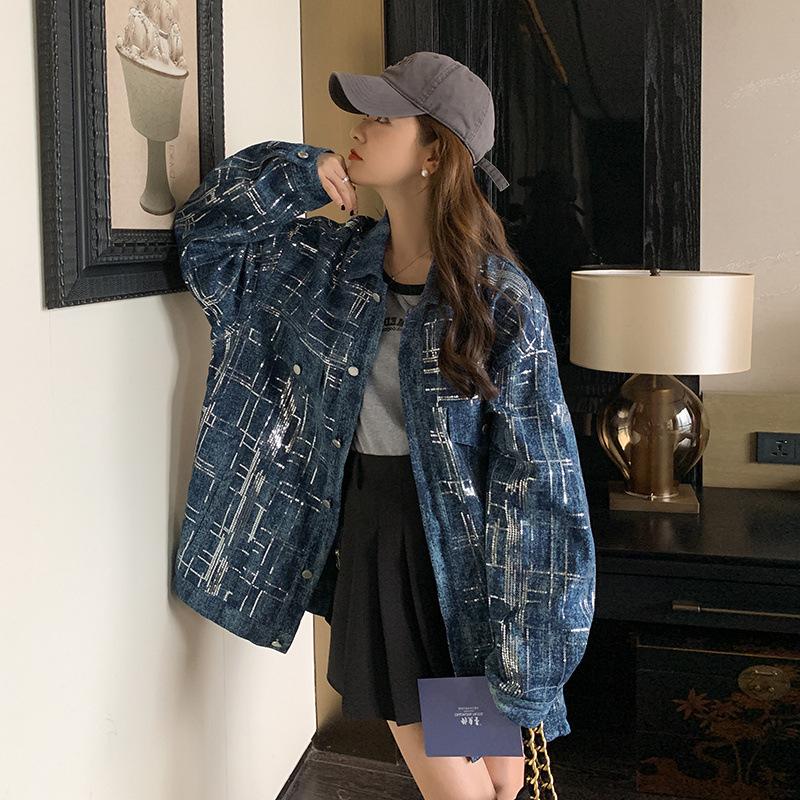 Women's Sequined Design, Stylish Lapels, Fashionable Single-breasted Loose, Age-reducing and Versatile Denim Jacket for Women