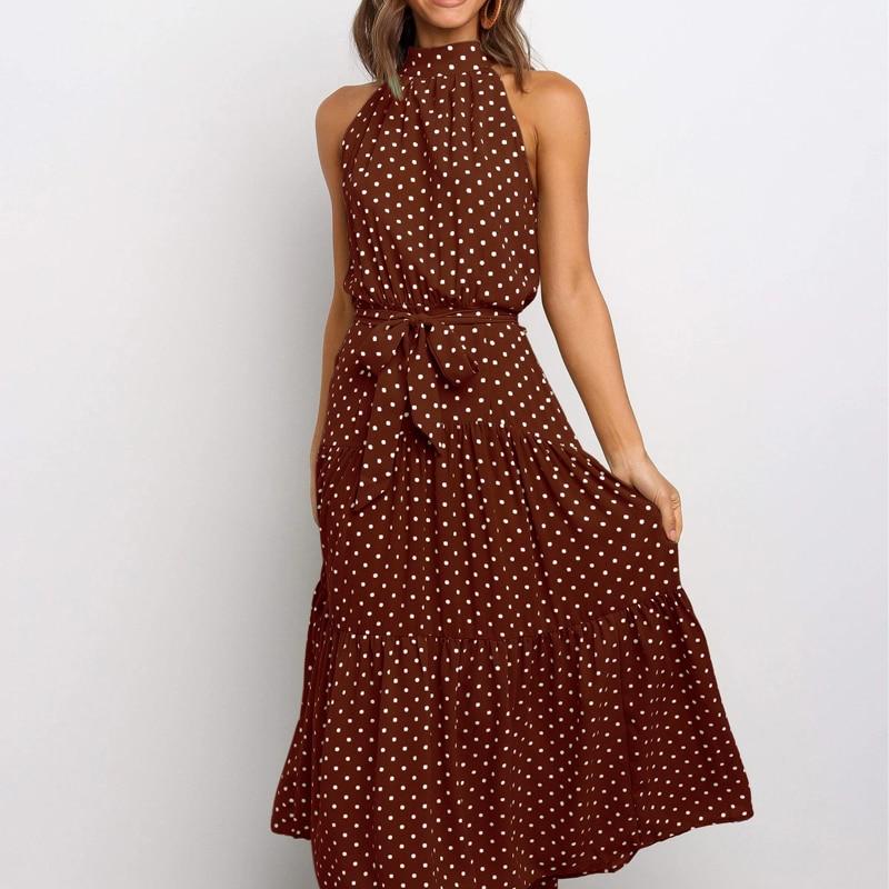 Sexy Neck-mounted Dot Beach Dress For Holiday Summer Casual Sleeveless Floral Printed Long Dress Women Fashion Robe Femme 25765