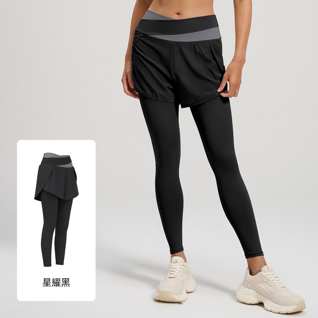 Color matching anti-light fake two-piece yoga pants high waist belly pocket pants sports fitness pants