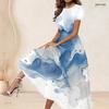 Women Plus Size Round Neck Short Sleeve Blue White Beige Printed Gathered Waist A Line Long Dress
