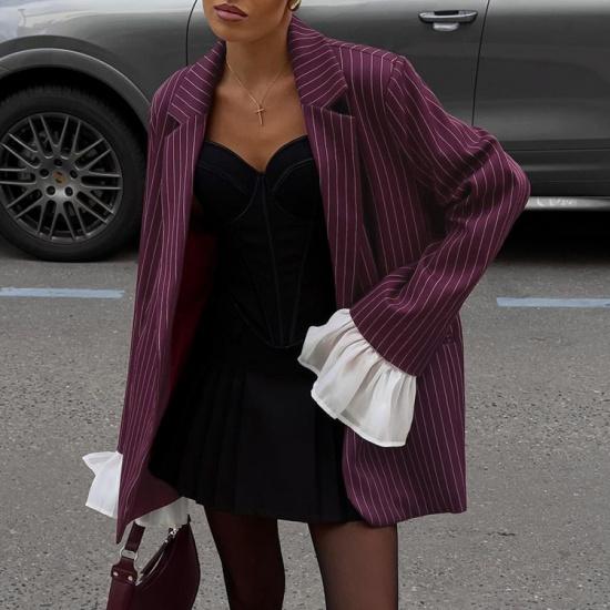 Spring and Autumn New Style Elegant Striped Blazer for Women with Lace Flared Sleeves Loose Casual Small Blazer Top