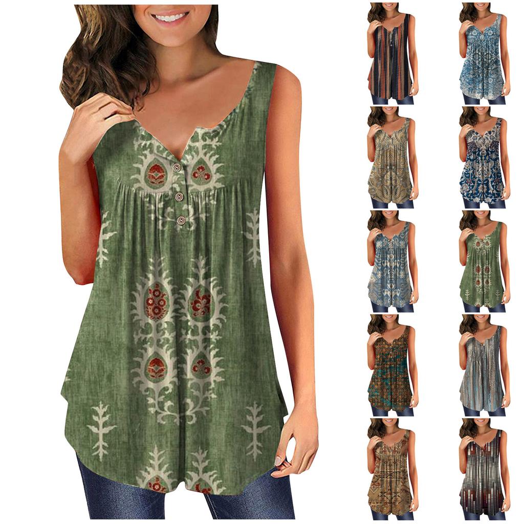 Mode Damen bedrucktes, plissiertes, ärmelloses, lässiges T-Shirt-Tanktop