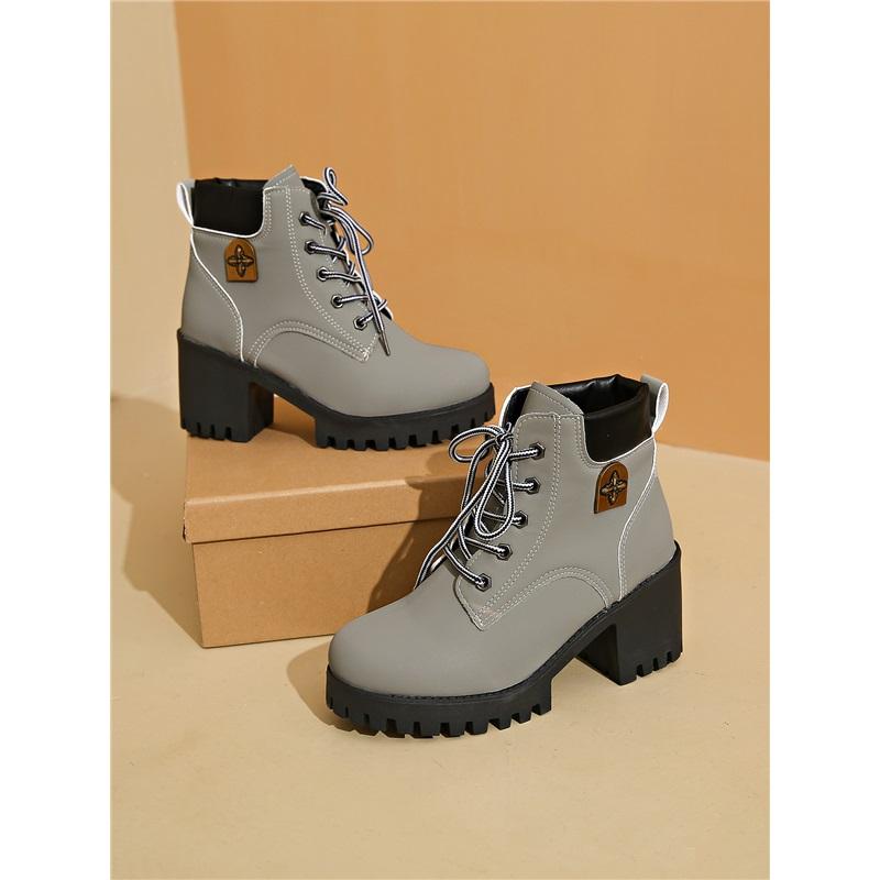 Women Lace Up Chunky Block Heel Ankle Boots Fashion Thick Sole Platform Short Martin Boots