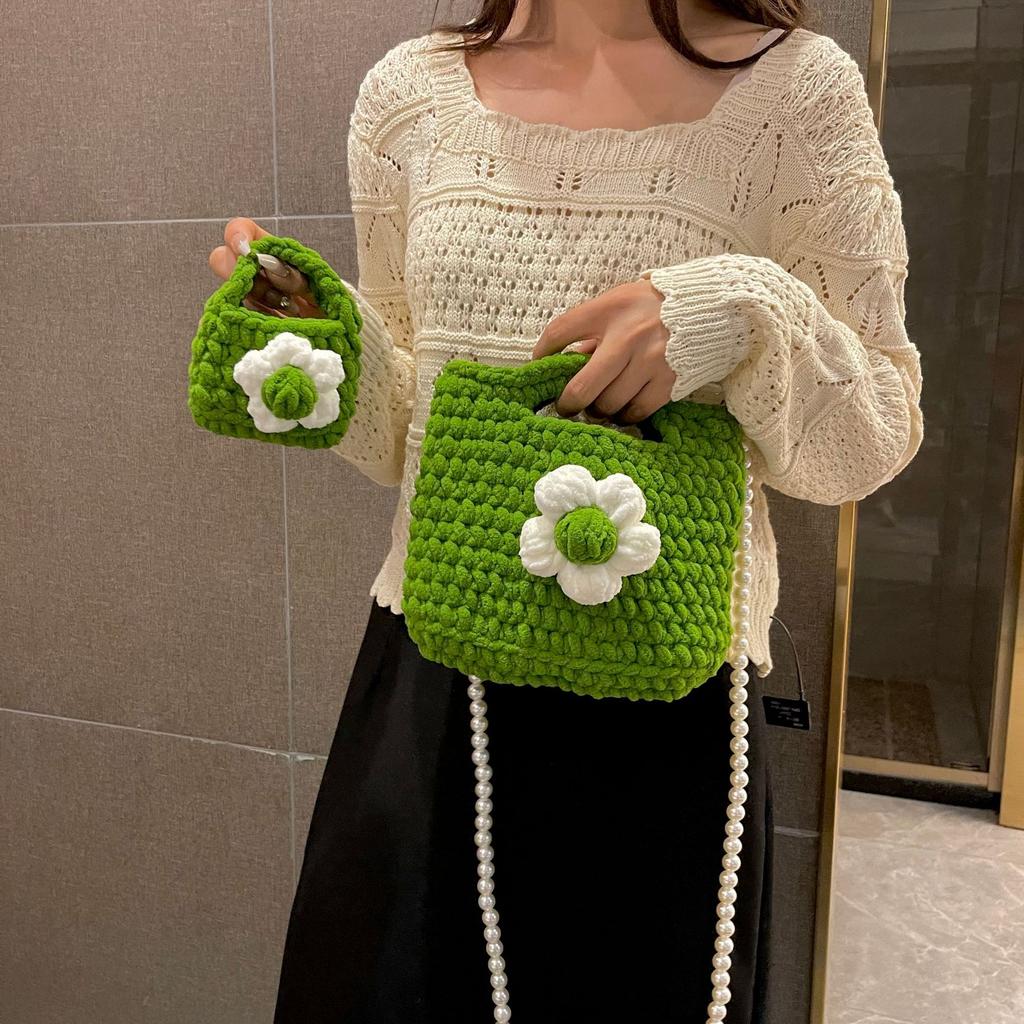 Tote Bag, Wool Puff Flower Bag, Sweet Flower Handwoven Bag, Ice Bar Thread Crochet Wool Women's Bag