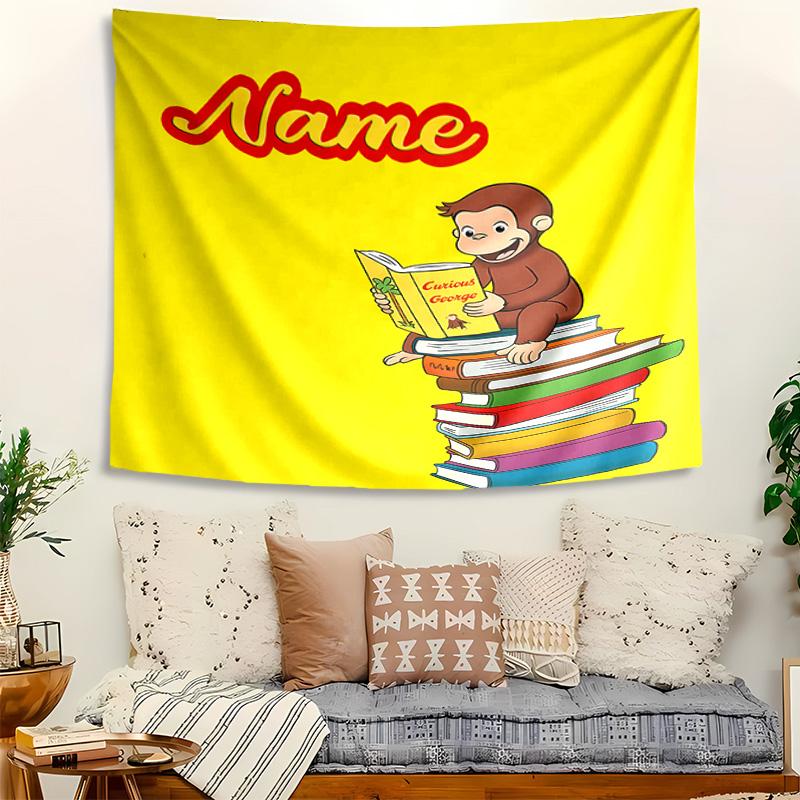 Personalized Curious George Background Tapestry,Custom Name Birthday Party,Multifunctional Wall Decoration for Home Decor,Various Occasions